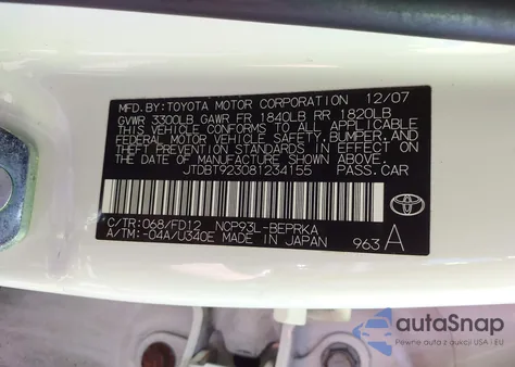 2008 Toyota Yaris from USA, damaged, VIN JTDBT923081234155